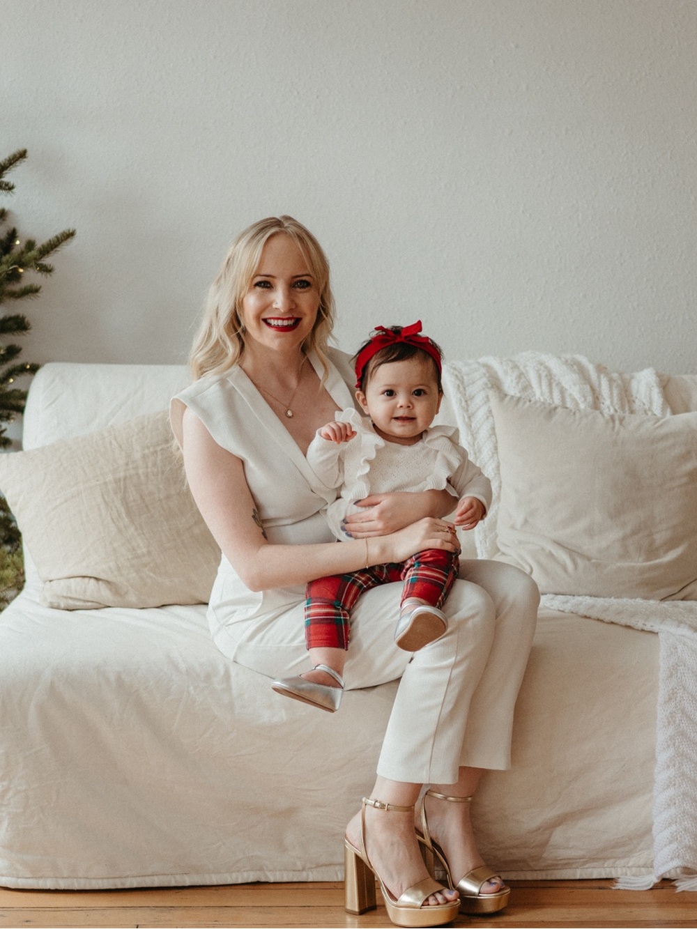 Festive Red Plaid Baby Leggings and Headband Set
